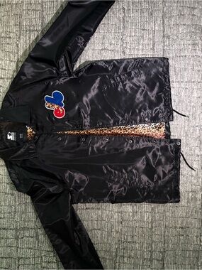 Black Label Black Satin Jacket with Leopard Lining and Red & Blue Patch